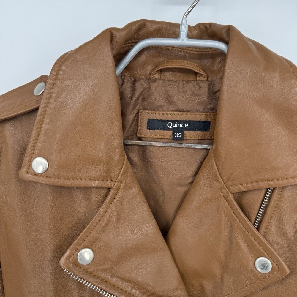Quince Women's Cognac Leather Motorcycle Jacket size XS Sheep Leather Belted - Picture 2 of 16